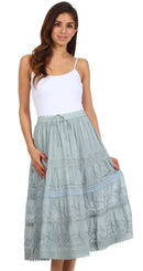 Sakkas Solid Embroidered Crochet Lace Trim Gypsy Bohemian Mid Length Cotton Skirt