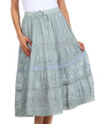 Sakkas Solid Embroidered Crochet Lace Trim Gypsy Bohemian Mid Length Cotton Skirt#color_Ltgrey