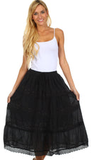 Sakkas Solid Embroidered Crochet Lace Trim Gypsy Bohemian Mid Length Cotton Skirt
