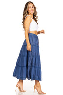 Sakkas Solid Embroidered Crochet Lace Trim Gypsy Bohemian Mid Length Cotton Skirt