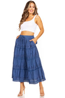 Sakkas Solid Embroidered Crochet Lace Trim Gypsy Bohemian Mid Length Cotton Skirt