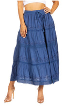Sakkas Solid Embroidered Crochet Lace Trim Gypsy Bohemian Mid Length Cotton Skirt