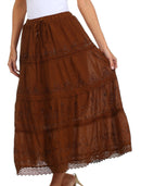 Sakkas Solid Embroidered Crochet Lace Trim Gypsy Bohemian Mid Length Cotton Skirt