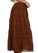 Sakkas Solid Embroidered Crochet Lace Trim Gypsy Bohemian Mid Length Cotton Skirt