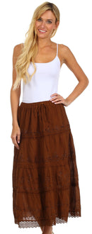 Sakkas Solid Embroidered Crochet Lace Trim Gypsy Bohemian Mid Length Cotton Skirt