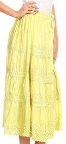Sakkas Solid Embroidered Crochet Lace Trim Gypsy Bohemian Mid Length Cotton Skirt
