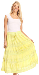 Sakkas Solid Embroidered Crochet Lace Trim Gypsy Bohemian Mid Length Cotton Skirt