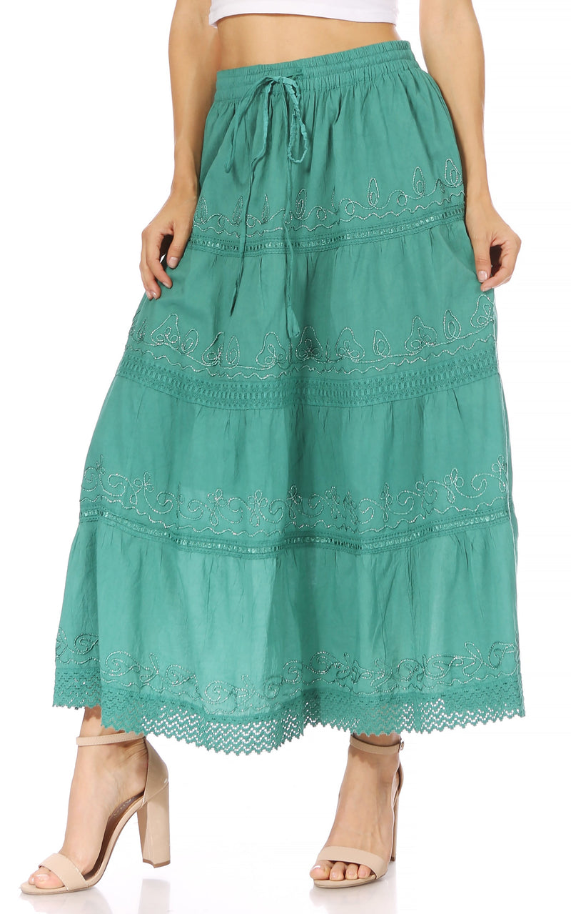 Sakkas Solid Embroidered Crochet Lace Trim Gypsy Bohemian Mid Length Cotton Skirt