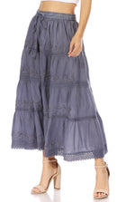 Sakkas Solid Embroidered Crochet Lace Trim Gypsy Bohemian Mid Length Cotton Skirt