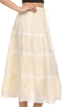 Sakkas Solid Embroidered Crochet Lace Trim Gypsy Bohemian Mid Length Cotton Skirt