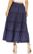 Sakkas Solid Embroidered Crochet Lace Trim Gypsy Bohemian Mid Length Cotton Skirt