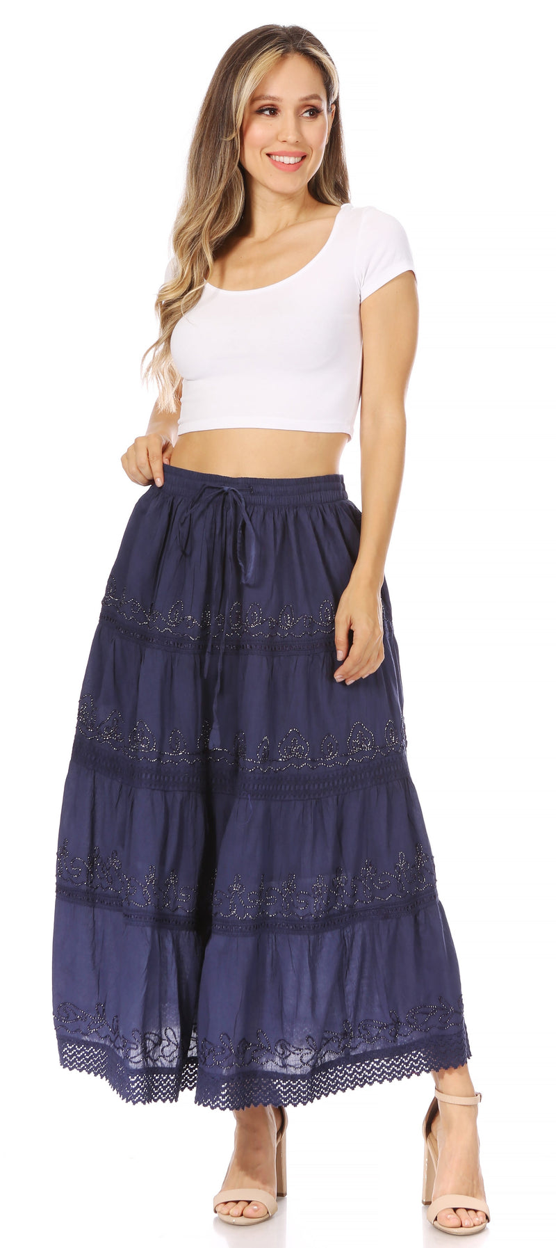 Sakkas Solid Embroidered Crochet Lace Trim Gypsy Bohemian Mid Length Cotton Skirt