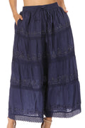Sakkas Solid Embroidered Crochet Lace Trim Gypsy Bohemian Mid Length Cotton Skirt#color_Navy