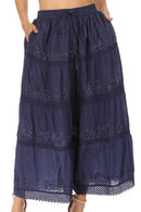 Sakkas Solid Embroidered Crochet Lace Trim Gypsy Bohemian Mid Length Cotton Skirt