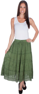 Sakkas Solid Embroidered Crochet Lace Trim Gypsy Bohemian Mid Length Cotton Skirt