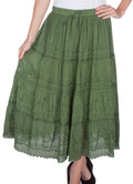 Sakkas Solid Embroidered Crochet Lace Trim Gypsy Bohemian Mid Length Cotton Skirt#color_Olive