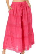 Sakkas Solid Embroidered Crochet Lace Trim Gypsy Bohemian Mid Length Cotton Skirt#color_Pink