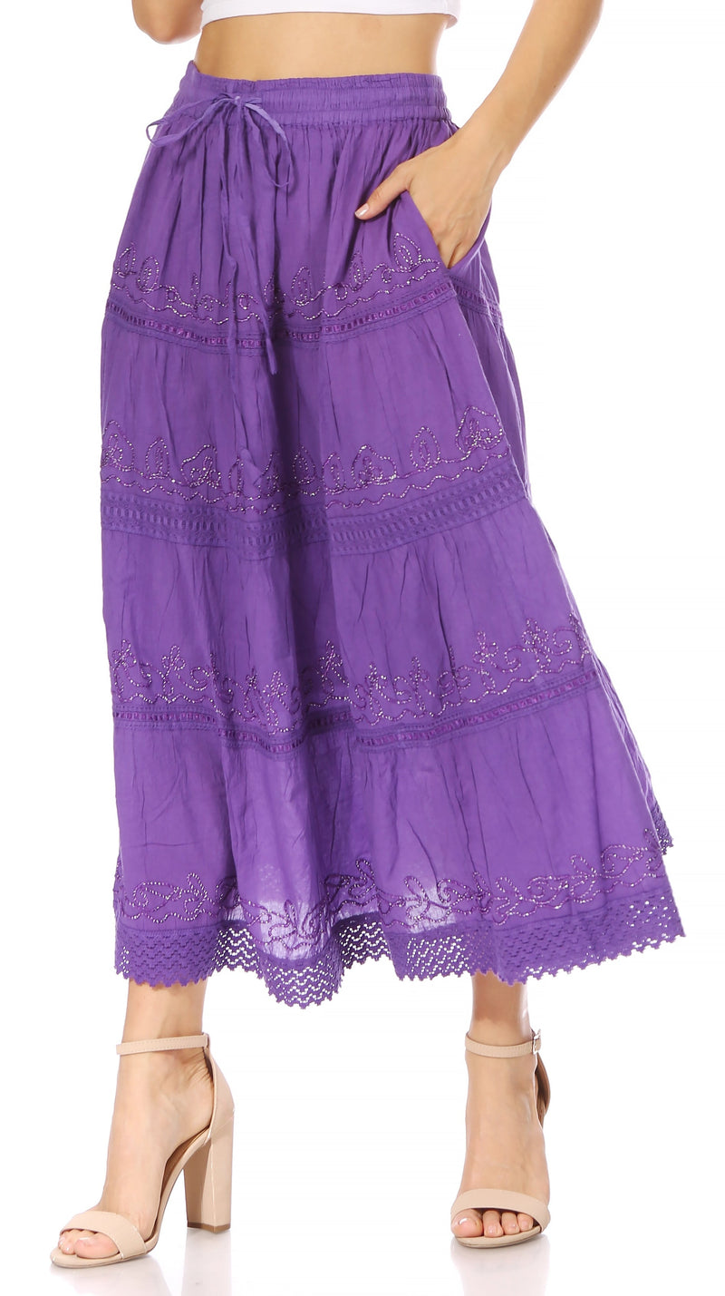 Sakkas Solid Embroidered Crochet Lace Trim Gypsy Bohemian Mid Length Cotton Skirt