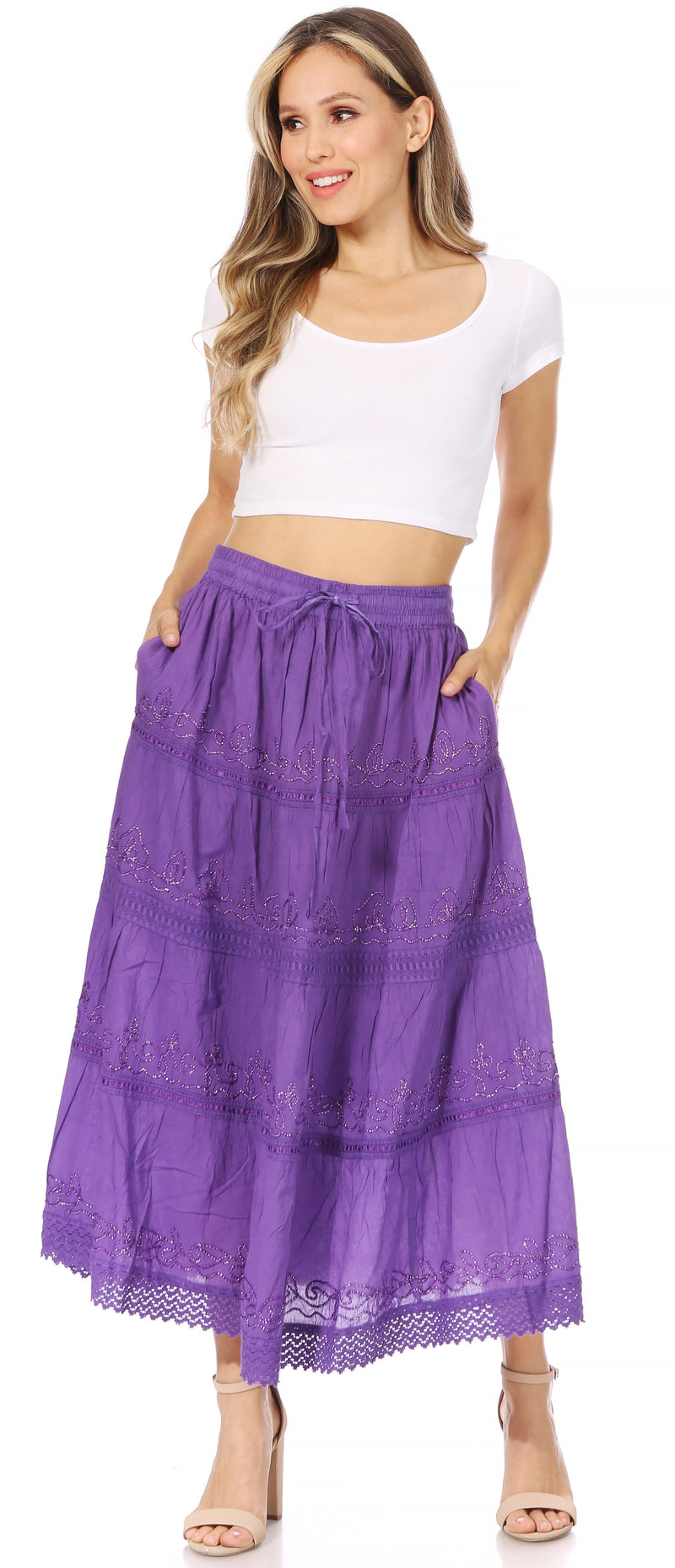 Sakkas Solid Embroidered Crochet Lace Trim Gypsy Bohemian Mid Length Cotton Skirt