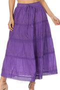 Sakkas Solid Embroidered Crochet Lace Trim Gypsy Bohemian Mid Length Cotton Skirt#color_Purple