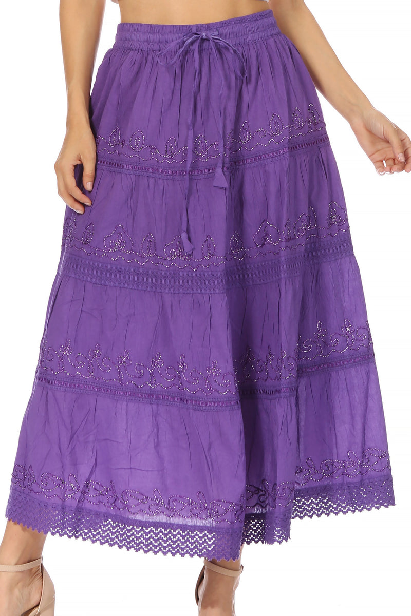 Sakkas Solid Embroidered Crochet Lace Trim Gypsy Bohemian Mid Length Cotton Skirt