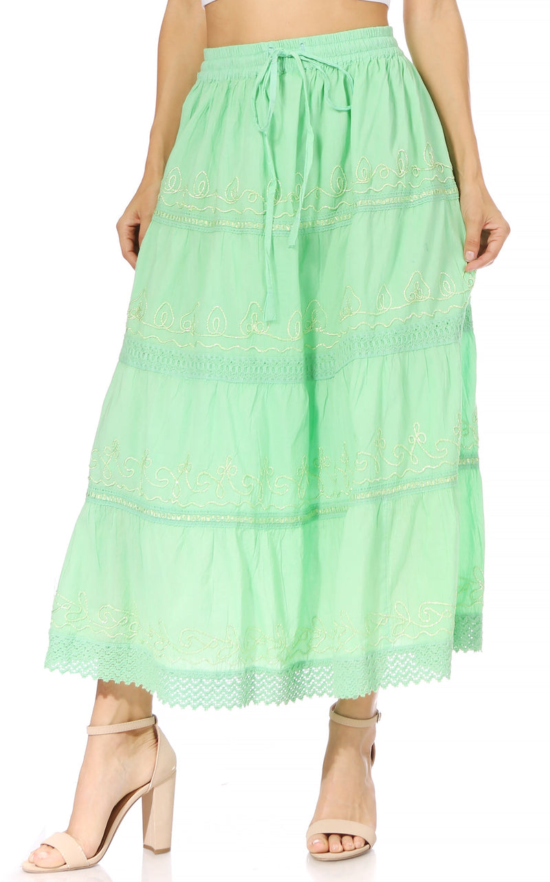 Sakkas Solid Embroidered Crochet Lace Trim Gypsy Bohemian Mid Length Cotton Skirt