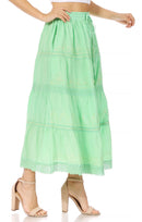 Sakkas Solid Embroidered Crochet Lace Trim Gypsy Bohemian Mid Length Cotton Skirt