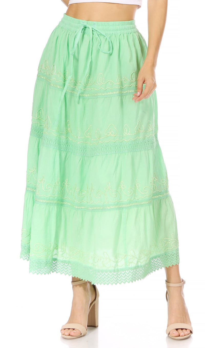 Sakkas Solid Embroidered Crochet Lace Trim Gypsy Bohemian Mid Length Cotton Skirt