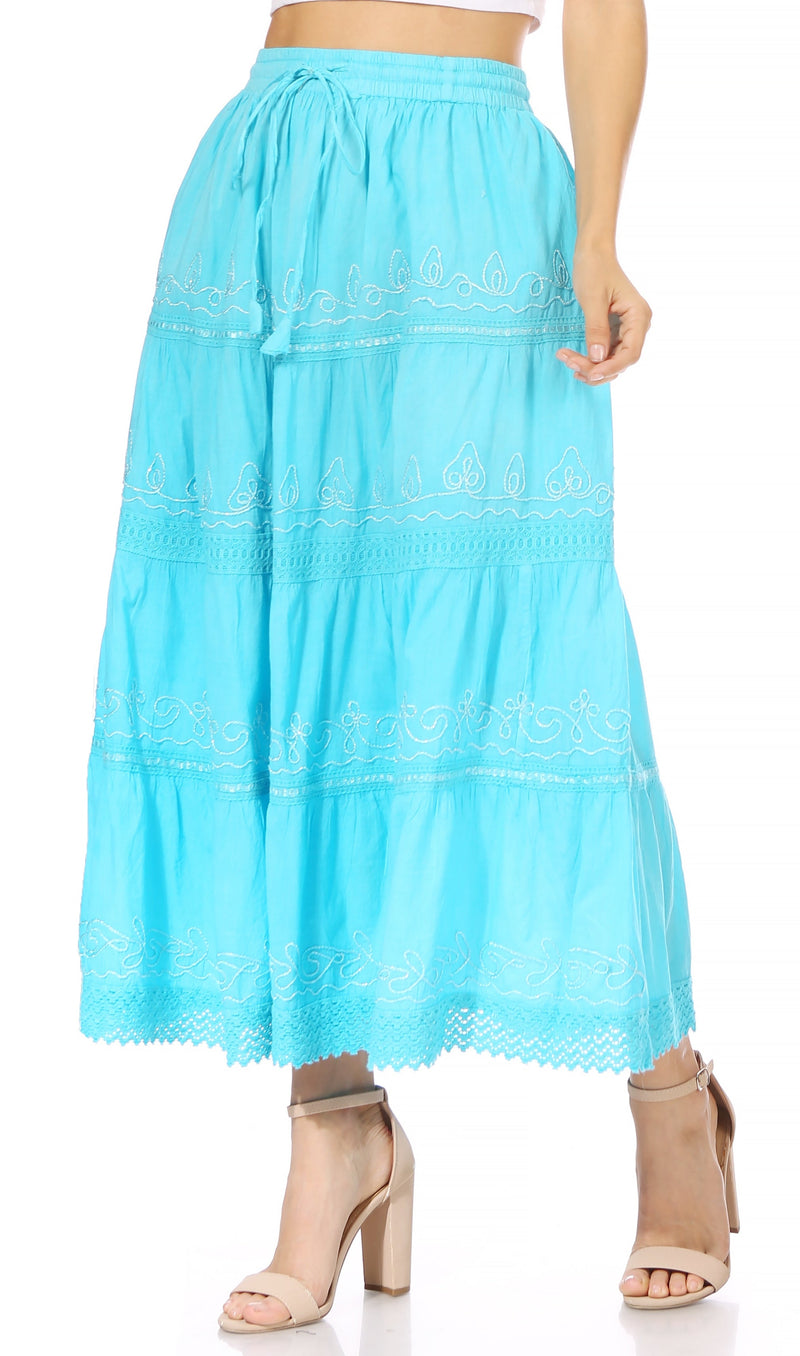 Sakkas Solid Embroidered Crochet Lace Trim Gypsy Bohemian Mid Length Cotton Skirt