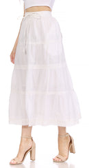 Sakkas Solid Embroidered Crochet Lace Trim Gypsy Bohemian Mid Length Cotton Skirt