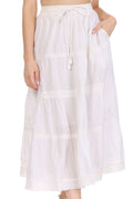 Sakkas Solid Embroidered Crochet Lace Trim Gypsy Bohemian Mid Length Cotton Skirt#color_White