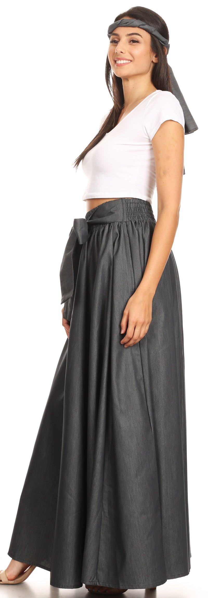 Sakkas Adisa Long Maxi Chambray Boho Casual Skirt with Elastic Waist