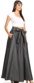 Sakkas Adisa Long Maxi Chambray Boho Casual Skirt with Elastic Waist#color_Black