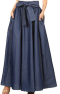 Sakkas Adisa Long Maxi Chambray Boho Casual Skirt with Elastic Waist#color_Chambray