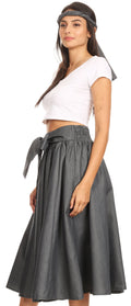 Sakkas Atieno Flared Circle Chambray  Boho Mid Skirt with Elastic Waist#color_Black