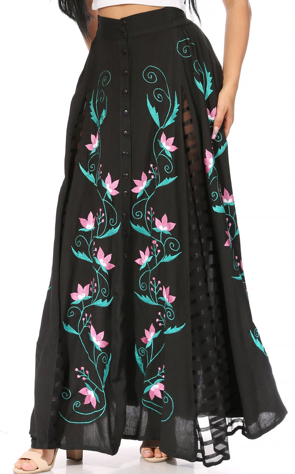 Sakkas Sarita Women's Casual Boho Maxi Floral Long Elastic Waist Skirt Slim#color_Black