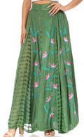 Sakkas Sarita Women's Casual Boho Maxi Floral Long Elastic Waist Skirt Slim#color_Green