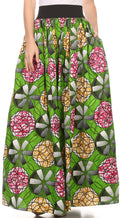Sakkas Fawna Patterned Long Wax Print Adjustable Waist Skirt With Pockets#color_Green/Pink