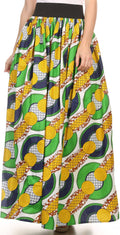Sakkas Fawna Patterned Long Wax Print Adjustable Waist Skirt With Pockets#color_Green/Yellow