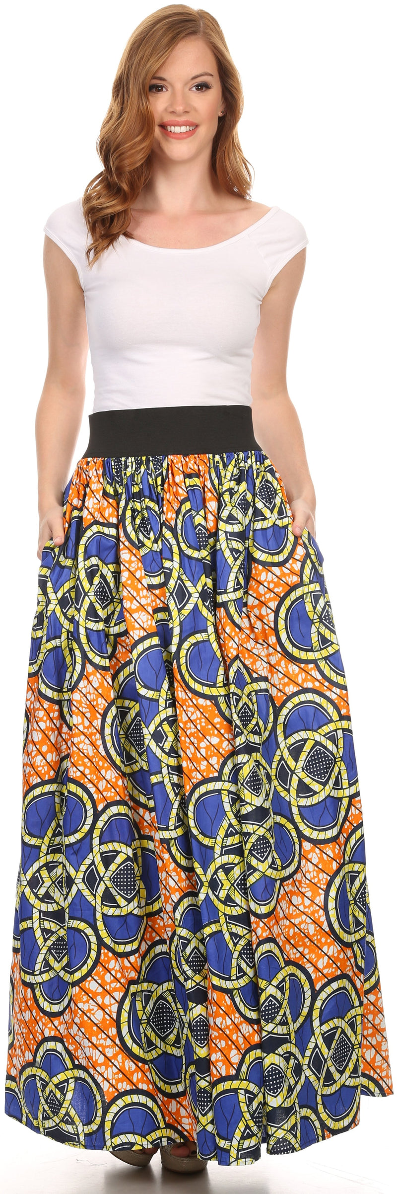 Sakkas Fawna Patterned Long Wax Print Adjustable Waist Skirt With Pockets