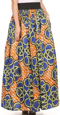 Sakkas Fawna Patterned Long Wax Print Adjustable Waist Skirt With Pockets#color_Orange / Blue