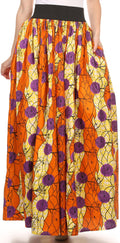 Sakkas Fawna Patterned Long Wax Print Adjustable Waist Skirt With Pockets#color_Orange/Purple