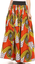 Sakkas Fawna Patterned Long Wax Print Adjustable Waist Skirt With Pockets#color_Orange / Yellow