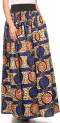 Sakkas Fawna Patterned Long Wax Print Adjustable Waist Skirt With Pockets#color_Periwinkle/Orange