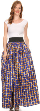 Sakkas Fawna Patterned Long Wax Print Adjustable Waist Skirt With Pockets