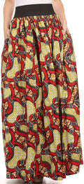 Sakkas Fawna Patterned Long Wax Print Adjustable Waist Skirt With Pockets#color_Red/Black