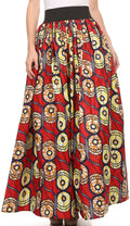 Sakkas Fawna Patterned Long Wax Print Adjustable Waist Skirt With Pockets#color_Red / Yellow