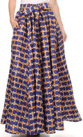Sakkas Kelela Unique Designs Wax Print Adjustable Waist Long Tall Skirt#color_Blue / Brown