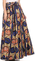 Sakkas Kelela Unique Designs Wax Print Adjustable Waist Long Tall Skirt#color_Blue / Orange