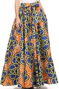 Sakkas Kelela Unique Designs Wax Print Adjustable Waist Long Tall Skirt#color_Blue / Yellow
